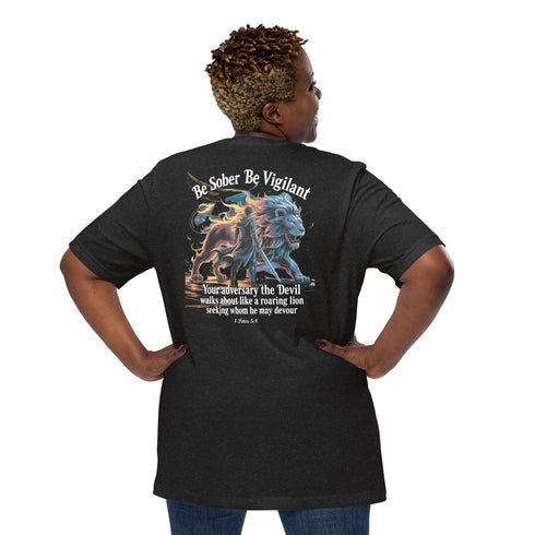 Be Sober Be Vigilant Lion (Back) Christian Bible Verse T-Shirt